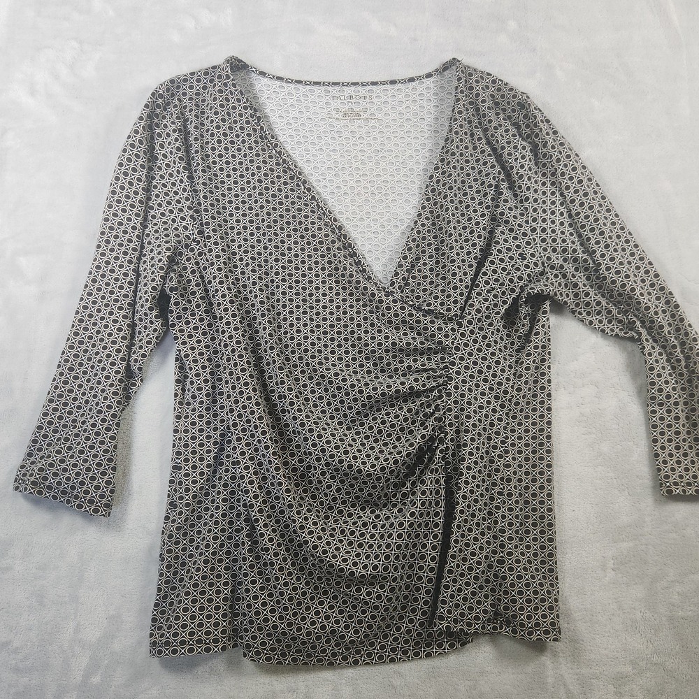 Talbots L Faux Wrap Top V-neck 3/4 Sleeve Pullover Knit Shirt Black Stretch